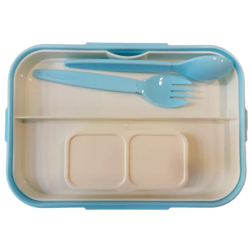 Fab N Funky Portable Lunch Box with Fork & Spoon Space Theme Print , BPA Free , Leak Resistant , Freezer Safe , 3 compartment, 1 Spoon,1 Fork, 2 Dip Container 850ML (Q31-14-RS) – Baby Blue - Rs Toys - Image 5