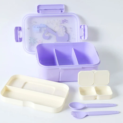 Fab N Funky Portable Lunch Box with Fork & Spoon  Dino Print Theme Print , BPA Free , Leak Resistant , Freezer Safe , 3 compartment, 1 Spoon,1 Fork, 2 Dip Container 850ML (Q31-14-RS) - Purple - Rs Toys - Image 7