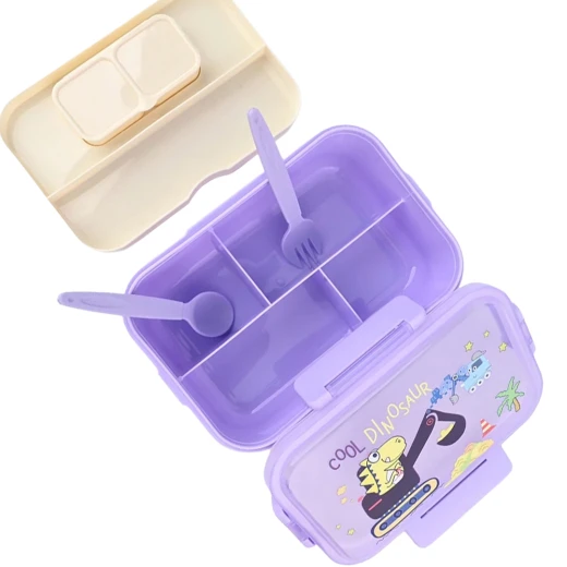 Fab N Funky Portable Lunch Box with Fork & Spoon Dino Print Theme Print , BPA Free , Leak Resistant , Freezer Safe , 3 compartment, 1 Spoon,1 Fork, 2 Dip Container 850ML (Q31-14-RS) - Purple Fab N Funky Portable Lunch Box with Fork & Spoon Dino Print Theme Print , BPA Free , Leak Resistant , Freezer Safe , 3 compartment, 1 Spoon,1 Fork, 2 Dip Container 850ML (Q31-14-RS) - Purple