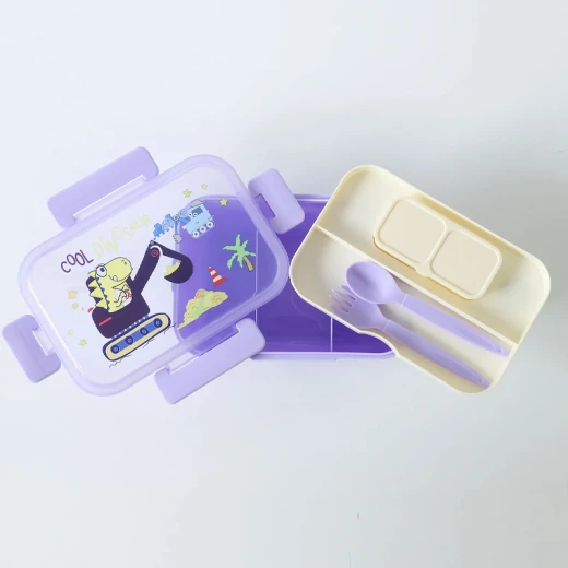 Fab N Funky Portable Lunch Box with Fork & Spoon  Dino Print Theme Print , BPA Free , Leak Resistant , Freezer Safe , 3 compartment, 1 Spoon,1 Fork, 2 Dip Container 850ML (Q31-14-RS) - Purple - Rs Toys - Image 6