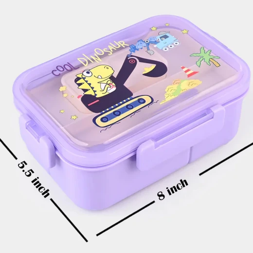 Fab N Funky Portable Lunch Box with Fork & Spoon  Dino Print Theme Print , BPA Free , Leak Resistant , Freezer Safe , 3 compartment, 1 Spoon,1 Fork, 2 Dip Container 850ML (Q31-14-RS) - Purple - Rs Toys - Image 5