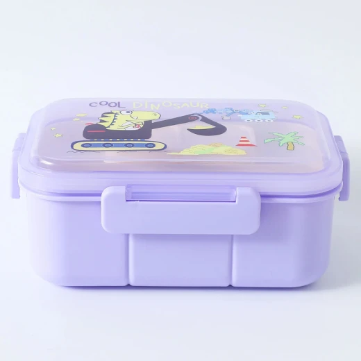 Fab N Funky Portable Lunch Box with Fork & Spoon  Dino Print Theme Print , BPA Free , Leak Resistant , Freezer Safe , 3 compartment, 1 Spoon,1 Fork, 2 Dip Container 850ML (Q31-14-RS) - Purple - Rs Toys - Image 4