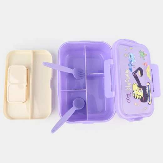 Fab N Funky Portable Lunch Box with Fork & Spoon  Dino Print Theme Print , BPA Free , Leak Resistant , Freezer Safe , 3 compartment, 1 Spoon,1 Fork, 2 Dip Container 850ML (Q31-14-RS) - Purple - Rs Toys - Image 2