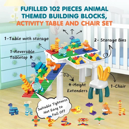 Animal Blocks World 102 Pcs Multifunctional Learning & Building Adjustable Table Heists With Chair (MG1056-RS) - Rs Toys - Image 8