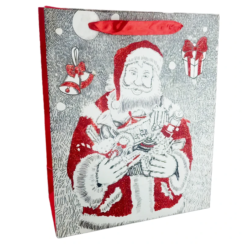 Christmas Gift Cardboard Bag – Santa with Gifts Theme with Spotted Glitter – Size 31.5 × 11.5 × 26.5 cm (Santa-4) - Rs Toys