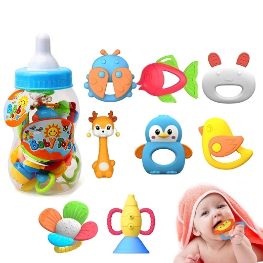 8-Piece Baby Rattles and Teething Toys Set for Newborns 0–12 Months, BPA-Free Infant Sensory Toys with Giant Baby Bottle, Safe Chewable Teethers 8-Piece Baby Rattles and Teething Toys Set for Newborns 0–12 Months, BPA-Free Infant Sensory Toys with Giant Baby Bottle, Safe Chewable Teethers