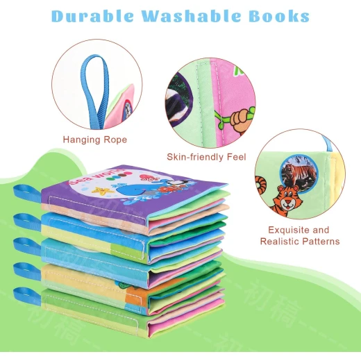 6PCS Baby Bath Books – Animals, Fruits, Vegetables, Transportation, Space, Sea & Western Food – Waterproof, Soft Fabric, Crinkle Sounds, Educational for Toddlers 6M+ - Rs Toys - Image 6