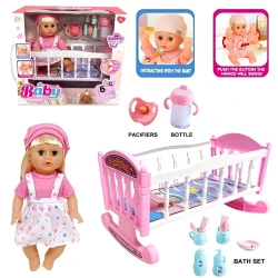 Interactive Recording Doll 34 cm with Bed and Accessories – 6 Sounds – Suitable for Ages 3+