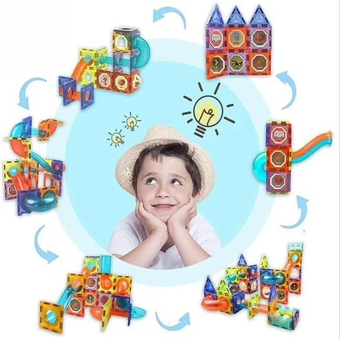 Lighting Magnetic Building Blocks 142pcs & Marble Run Set – STEM Montessori Educational Toy for Kids Age 3+ (Russian Version) - Rs Toys - Image 2