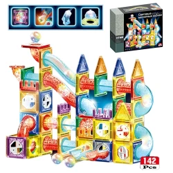 Lighting Magnetic Building Blocks 142pcs & Marble Run Set – STEM Montessori Educational Toy for Kids Age 3+ (Russian Version)