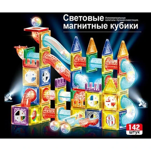 Lighting Magnetic Building Blocks 142pcs & Marble Run Set – STEM Montessori Educational Toy for Kids Age 3+ (Russian Version) - Rs Toys - Image 4