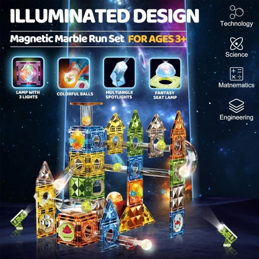 Lighting Magnetic Building Blocks 142pcs & Marble Run Set – STEM Montessori Educational Toy for Kids Age 3+ (Russian Version) - Rs Toys - Image 7