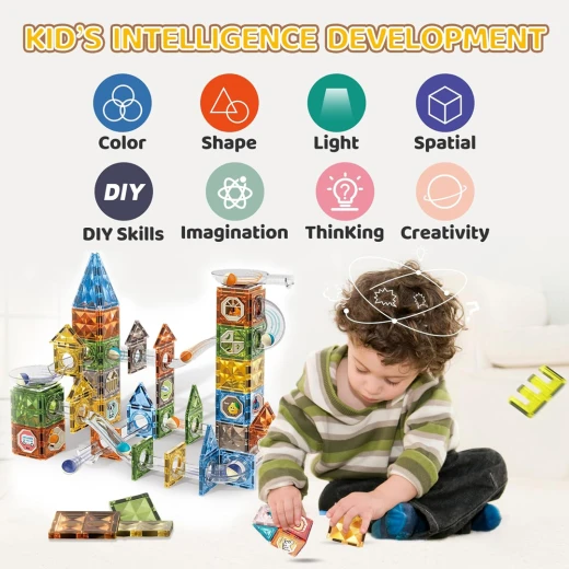 Lighting Magnetic Building Blocks 142pcs & Marble Run Set – STEM Montessori Educational Toy for Kids Age 3+ (Russian Version) - Rs Toys - Image 8