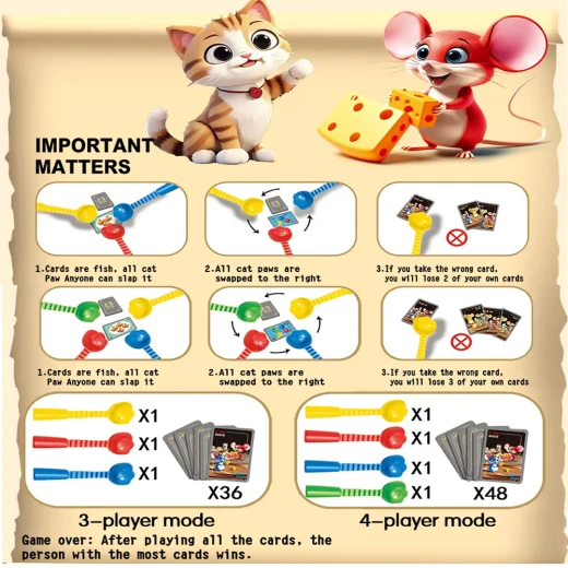 Cats Catch Mice Reaction Game – Fast Slapping Color Matching Card Game with Suction Cat Paws, Fun Family Party Game for 3–4 Players, Age 3+ - Rs Toys - Image 7