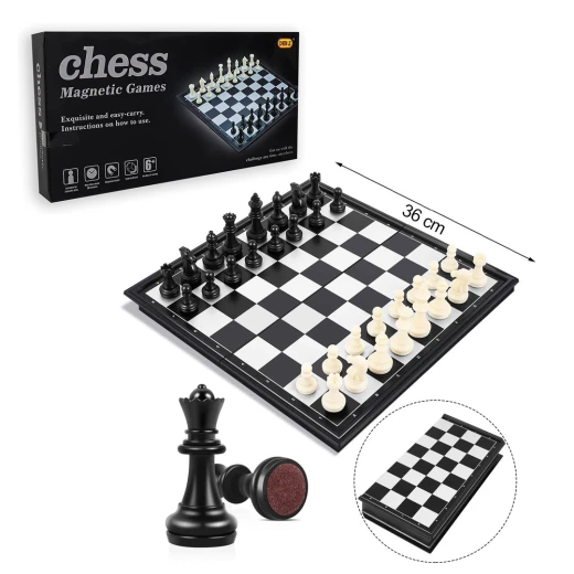 High-Quality Large Magnetic Chess Game with Foldable Black & White Chess Board (36 x 36 cm)