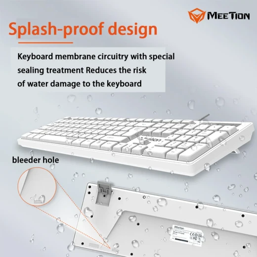 Meetion  Wired USB Standard Keyboard  Full-Size Spill-Resistant Quiet Membrane Keyboard -White - Arabic , English Layout Language   (MT-K300-RS) - Meetion - Image 7