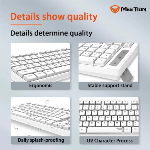 Meetion  Wired USB Standard Keyboard  Full-Size Spill-Resistant Quiet Membrane Keyboard -White - Arabic , English Layout Language   (MT-K300-RS) - Meetion - Image 8