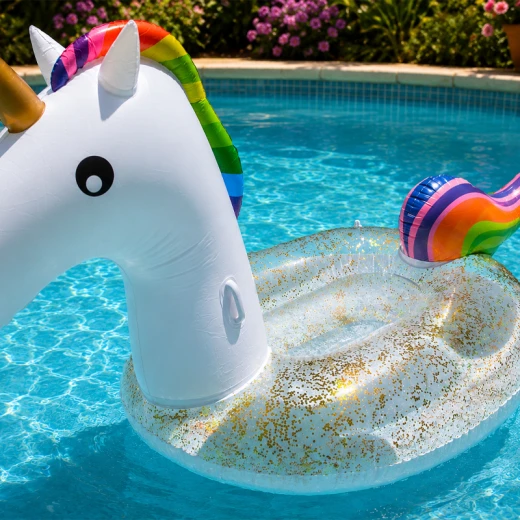 Giant Inflatable Glitter Unicorn Floater Air Mattress With Handles Age 14+ Size 275 x 140 x 120 cm High Quality Vinyl White With Rainbow Mane (EN15649-1) - Rs Toys - Image 6