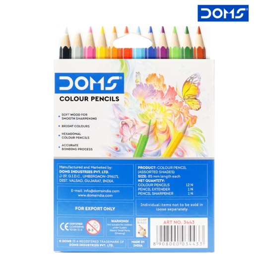 DOMS - Wood Colour Pencils 12 Colors 8.5 cm LOng With Free Sharpener & Pencil extender (3443-RS) - Rs Toys - Image 3
