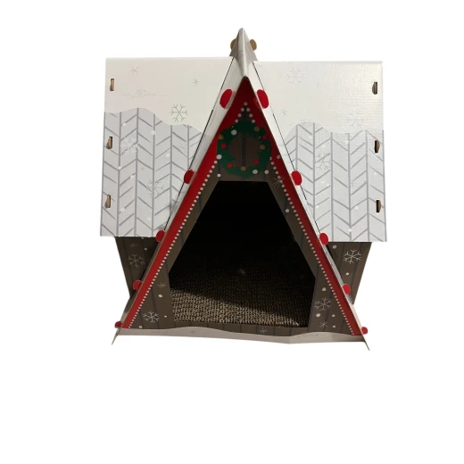 Pets Holiday Ski Shack Cat Scratcher, Festive Winter-Themed Scratcher House for Cats, Cozy Design with Durable Scratch Surface for Play & Relaxation