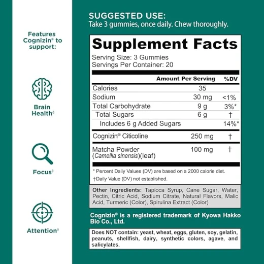Goli Matcha Mind Gummies - 60 Count - Green Tea Leaves Powder with Cognizin for Focus, Attention and Brain Health, Vegan, Non-GMO, Gluten-Free & Gelatin Free. - Goli - Image 2