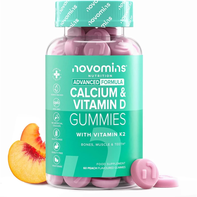 Novomins Calcium with Vitamin D3 & K2 Gummies – 400mg Calcium & 600 IU Vitamin D – Vegetarian & Gluten-Free Calcium Supplement – 60 Gummies - Novomins