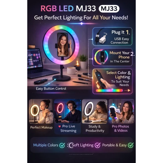 RGB LED Ring Light MJ33 with Phone Holder & Desk Stand – USB Powered Multi-Color Lighting for Live Streaming, Makeup, Photography & Study Use - Maya - Image 2