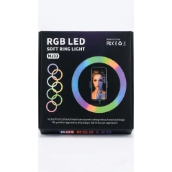 رينج لايت RGB LED موديل MJ33 مع حامل موبايل وقاعدة مكتبية – إضاءة متعددة الألوان بتحكم سهل USB مثالية للتصوير والبث المباشر والمكياج والدراسة