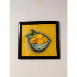 Handmade Lemon Oil Pastel Art 31x33cm Realistic Fruit Painting on Canson Board with Glass Frame & Wooden Edges