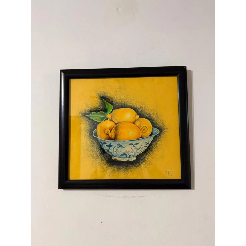 لوحة فنية يدوية لليمون 31×33 سم مرسومة بألوان الباستيل الزيتية على لوح كانسون مع إطار زجاجي وحواف خشبية" - اي اس ارت