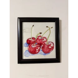 لوحة زهر كرز مرسومة يدويًا بالألوان المائية 25×23 سم عمل فني زهري على لوح كانسون مع إطار زجاجي وحواف خشبية