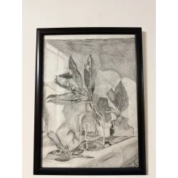 لوحة فنية رصاصية مرسومة يدويًا 50×37 سم بإطار زجاجي وأطراف خشبية