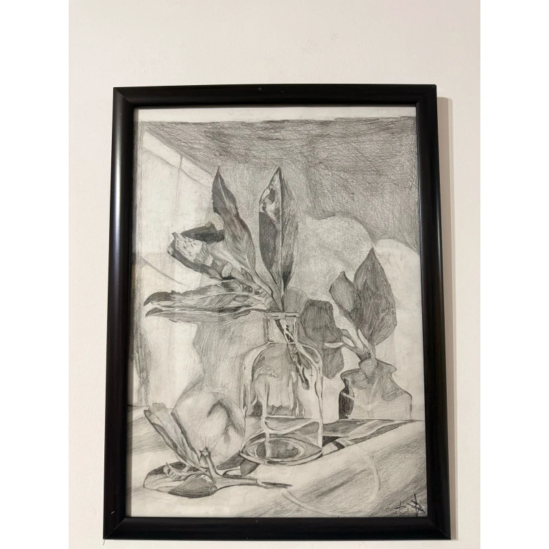 Hand-Drawn Graphite Artwork 50x37 cm Framed with Glass and Wooden Edges Signed by Artist - AS art