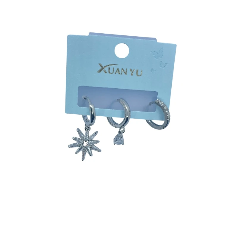 AURA Triple silver-tone single-ear earring with a sun charm, oval crystal, and sleek hoop – a stylish and bold accessory with guaranteed color - Aura