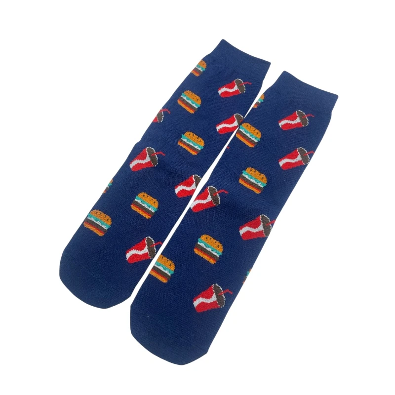 Long cotton socks in navy blue featuring a burger and cola cup design. Soft, comfy, and perfect for adding a playful touch to everyday wear. - Aura