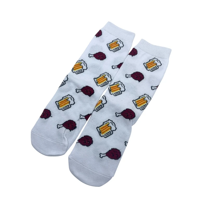 Long cotton socks in white featuring a chicken piece and drink cup design. Soft, comfy, and perfect for a playful everyday look. - Aura