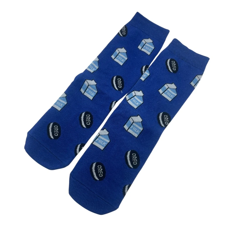 Long cotton socks in blue featuring Oreo cookies and milk carton designs. Soft, comfy, and perfect for a playful, fun everyday look. - Aura