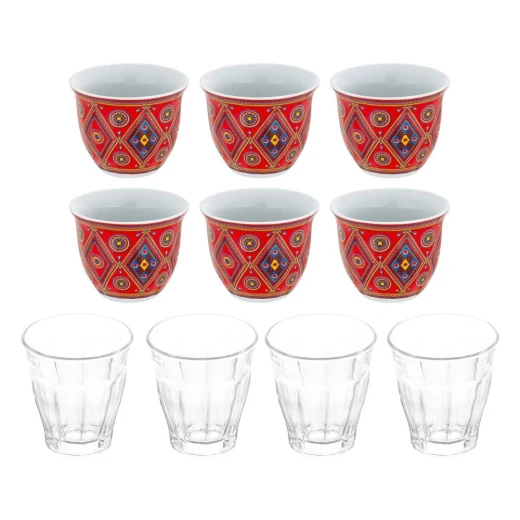 CMP Shockproof Tea & Coffee Set with Protective Case, Traditional Maroon – 4 Glass Tea Glasses + 6 Ceramic Cups - Cmp - Image 2