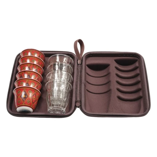 CMP Shockproof Tea & Coffee Set with Protective Case, Traditional Maroon – 4 Glass Tea Glasses + 6 Ceramic Cups - Cmp - Image 3