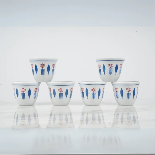 Atad Arabic Coffee Cup Set – 6 Pcs Porcelain with Traditional Rose Pattern, White × Blue - Atad - Image 2