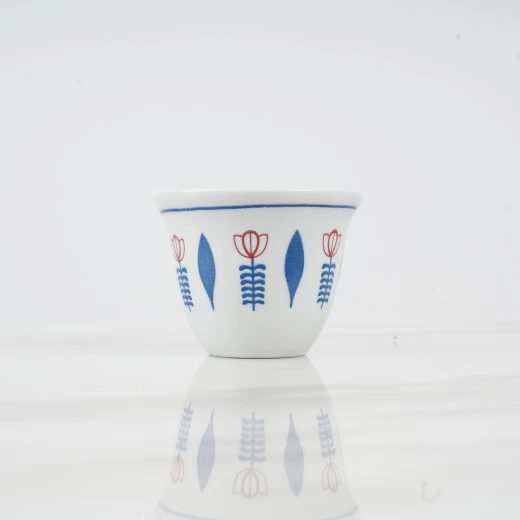 Atad Arabic Coffee Cup Set – 6 Pcs Porcelain with Traditional Rose Pattern, White × Blue