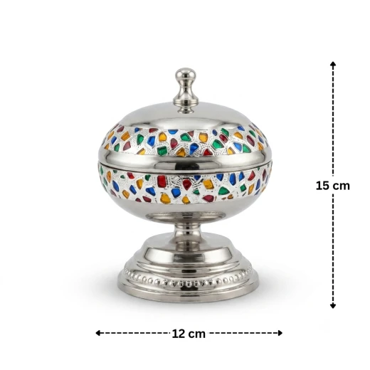 Atad 12cm Silver Stainless Steel Date Bowl with Colorful Patterns & Seed Dish – Elegant Traditional Serving Bowl - Atad - Image 2