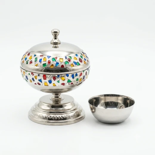 Atad 12cm Silver Stainless Steel Date Bowl with Colorful Patterns & Seed Dish – Elegant Traditional Serving Bowl Atad 12cm Silver Stainless Steel Date Bowl with Colorful Patterns & Seed Dish – Elegant Traditional Serving Bowl