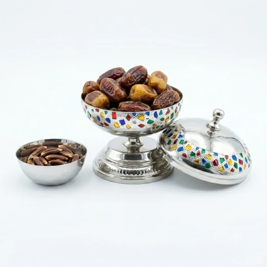 Atad 12cm Silver Stainless Steel Date Bowl with Colorful Patterns & Seed Dish – Elegant Traditional Serving Bowl - Atad - Image 3