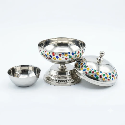 Atad 12cm Silver Stainless Steel Date Bowl with Colorful Patterns & Seed Dish – Elegant Traditional Serving Bowl - Atad - Image 4