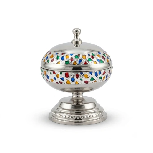Atad 12cm Silver Stainless Steel Date Bowl with Colorful Patterns & Seed Dish – Elegant Traditional Serving Bowl - Atad - Image 6