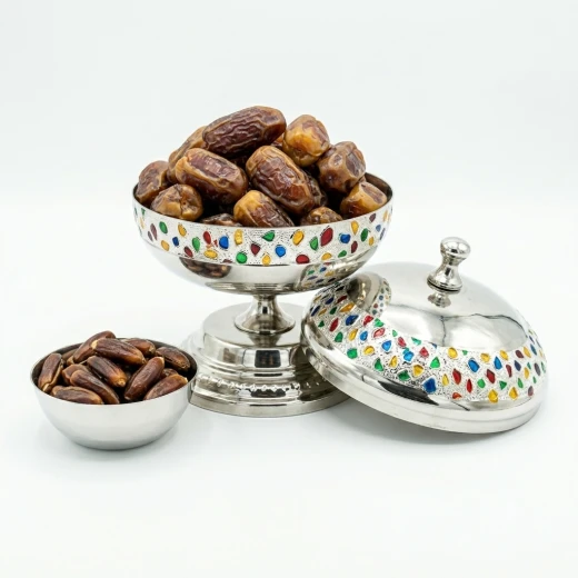 Atad 14cm Silver Stainless Steel Date Bowl with Colorful Decorative Patterns & Seed Dish - Atad - Image 2