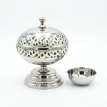 Atad 14cm Silver Stainless Steel Date Bowl with Colorful Decorative Patterns & Seed Dish - Atad
