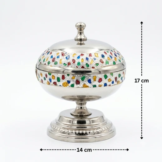 Atad 14cm Silver Stainless Steel Date Bowl with Colorful Decorative Patterns & Seed Dish - Atad - Image 3