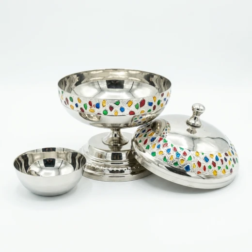 Atad 14cm Silver Stainless Steel Date Bowl with Colorful Decorative Patterns & Seed Dish - Atad - Image 4